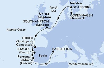 Španielsko, Portugalsko, Veľká Británia, Švédsko, Dánsko z Barcelony na lodi MSC Musica