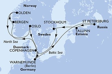 Nemecko, Rusko, Estónsko, Švédsko, Dánsko, Nórsko z Warnemünde na lodi MSC Musica