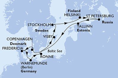 Nemecko, Dánsko, Švédsko, Fínsko, Rusko, Estónsko z Warnemünde na lodi MSC Musica