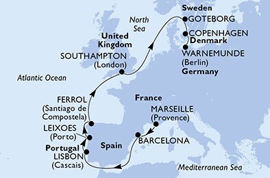 Francúzsko, Španielsko, Portugalsko, Veľká Británia, Švédsko, Dánsko, Nemecko z Marseille na lodi MSC Musica