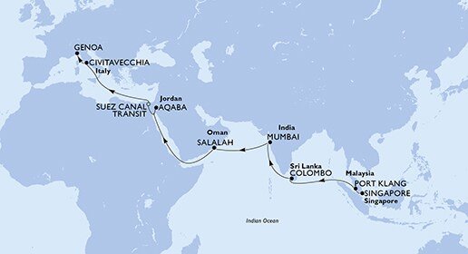 Singapur, Malajzia, Srí Lanka, India, Omán, Jordánsko, Egypt, Taliansko zo Singapuru na lodi MSC Poesia