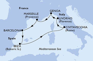 Francúzsko, Španielsko, Taliansko z Marseille na lodi MSC Splendida