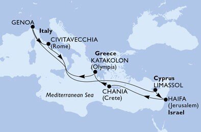 Izrael, Grécko, Taliansko, Cyprus z Haify na lodi MSC Lirica