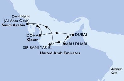 Spojené arabské emiráty, Saúdská Arábie, Katar z Abu Dhabi na lodi MSC World Europa