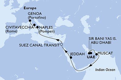 Spojené arabské emiráty, Omán, Saúdská Arábie, Egypt, Taliansko z Abu Dhabi na lodi MSC World Europa