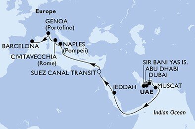 Spojené arabské emiráty, Omán, Saúdská Arábie, Egypt, Taliansko, Španielsko z Dubaja na lodi MSC World Europa