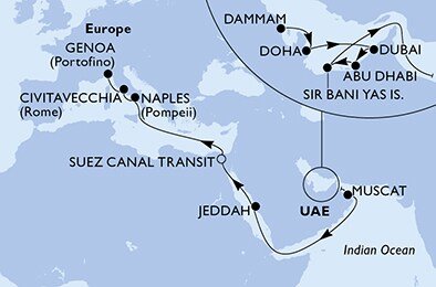 Saúdská Arábie, Katar, Spojené arabské emiráty, Omán, Egypt, Taliansko na lodi MSC World Europa