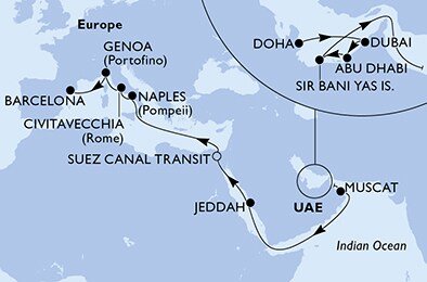 Katar, Spojené arabské emiráty, Omán, Saúdská Arábie, Egypt, Taliansko, Španielsko z Dohy na lodi MSC World Europa