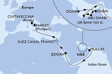 Katar, Spojené arabské emiráty, Omán, Saúdská Arábie, Egypt, Taliansko z Dohy na lodi MSC World Europa