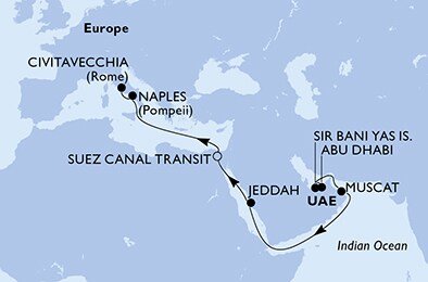 Spojené arabské emiráty, Omán, Saúdská Arábie, Egypt, Taliansko z Abu Dhabi na lodi MSC World Europa