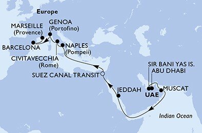 Spojené arabské emiráty, Omán, Saúdská Arábie, Egypt, Taliansko, Španielsko, Francúzsko z Abu Dhabi na lodi MSC World Europa