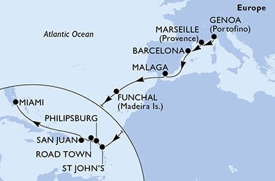 Taliansko, Francúzsko, Španielsko, Portugalsko, Antigua a Barbuda, Svatý Martin, Britské Panenské ostrovy, USA z Janova na lodi MSC Seashore