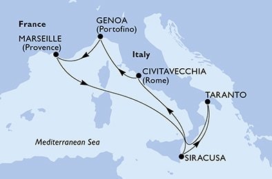 Taliansko, Francúzsko zo Syrakusu na lodi MSC Splendida