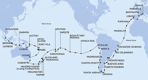 Taliansko, Francúzsko, Španielsko, Portugalsko, Kapverdy, Brazília, Argentína, Uruguaj, Chile, Peru, Zámořské území Velké Británie, Francouzská Polynésie, Cookovy ostrovy, Nový Zéland, Austrália, Společenství sui-generis Francie, Nová Kaledonie, Vanuatská republika, Papua Nová Guinea, Indonézia, Singapur z Janova na lodi MSC Magnifica
