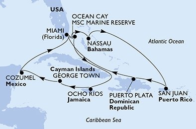 USA, Bahamy, Dominikánska republika, Jamajka, Kajmanské ostrovy, Mexiko z Miami na lodi MSC Seascape
