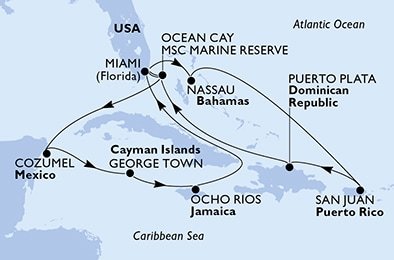 USA, Bahamy, Dominikánska republika, Mexiko, Kajmanské ostrovy, Jamajka z Miami na lodi MSC Seascape