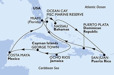 USA, Bahamy, Jamajka, Kajmanské ostrovy, Mexiko, Dominikánska republika z Miami na lodi MSC Seascape