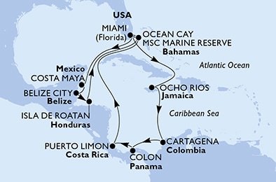 USA, Mexiko, Belize, Honduras, Bahamy, Jamajka, Kolumbia, Panama, Kostarika z Miami na lodi MSC Divina