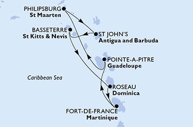 Martinik, Guadeloupe, Svatý Martin, Antigua a Barbuda, Svätý Krištof a Nevis, Dominika z Fort de France, Martinik na lodi MSC Seaside