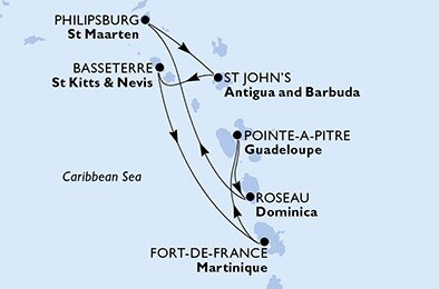 Martinik, Guadeloupe, Dominika, Svatý Martin, Antigua a Barbuda, Svätý Krištof a Nevis z Fort de France, Martinik na lodi MSC Seaside