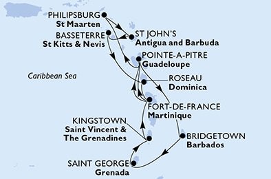 Barbados, Grenada, Svätý Vincent a Grenadiny, Martinik, Guadeloupe, Svatý Martin, Antigua a Barbuda, Svätý Krištof a Nevis, Dominika z Bridgetownu na lodi MSC Seaside