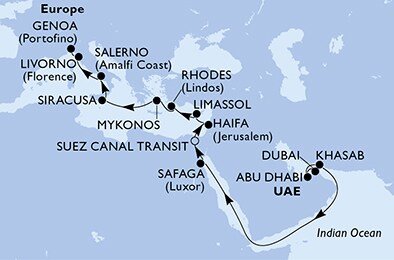 Spojené arabské emiráty, Omán, Egypt, Izrael, Cyprus, Grécko, Taliansko z Dubaja na lodi MSC Opera