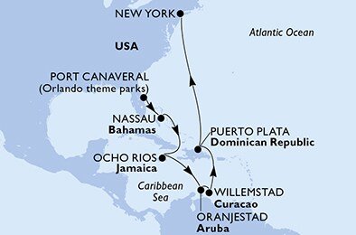 USA, Bahamy, Jamajka, Aruba, Curacao, Dominikánska republika, USA - Východné pobrežie z Port Canaveralu na lodi MSC Meraviglia