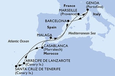 Taliansko, Španielsko, Maroko, Francúzsko z Janova na lodi MSC Divina