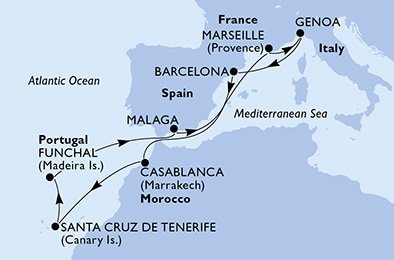 Portugalsko, Španielsko, Francúzsko, Taliansko, Maroko z Funchalu na lodi MSC Divina