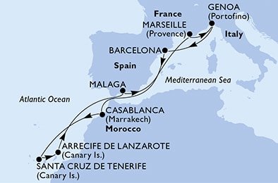 Španielsko, Maroko, Francúzsko, Taliansko z Barcelony na lodi MSC Divina