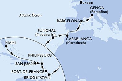 USA, Svatý Martin, Martinik, Barbados, Portugalsko, Maroko, Španielsko, Taliansko z Miami na lodi MSC Divina