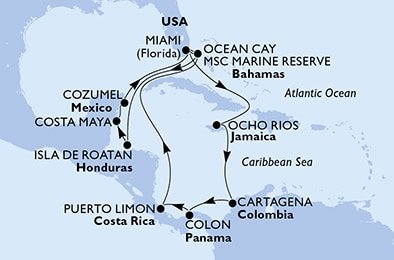 USA, Bahamy, Honduras, Mexiko, Jamajka, Kolumbia, Panama, Kostarika z Miami na lodi MSC Divina