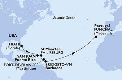 USA, Svatý Martin, Martinik, Barbados, Portugalsko z Miami na lodi MSC Divina