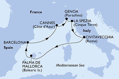 Španielsko, Francúzsko, Taliansko z Palmy de Mallorca na lodi MSC Seaview