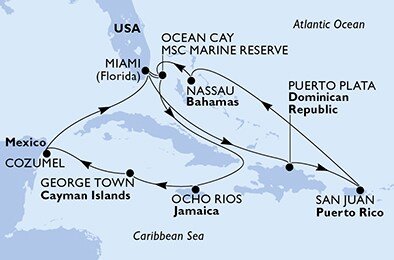 USA, Bahamy, Jamajka, Kajmanské ostrovy, Mexiko, Dominikánska republika z Miami na lodi MSC Seascape