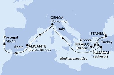 Portugalsko, Španielsko, Taliansko, Turecko, Grécko z Lisabonu na lodi MSC Poesia