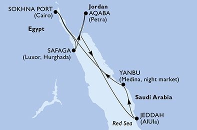 Egypt, Jordánsko, Saúdská Arábie zo Safagy na lodi MSC Splendida