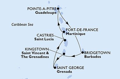 Guadeloupe, Barbados, Svätý Vincent a Grenadiny, Grenada, Svätá Lucia, Martinik z Pointe-à-Pitre na lodi MSC Seaside