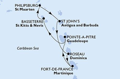 Martinik, Guadeloupe, Svätý Krištof a Nevis, Svatý Martin, Antigua a Barbuda, Dominika z Fort de France, Martinik na lodi MSC Seaside