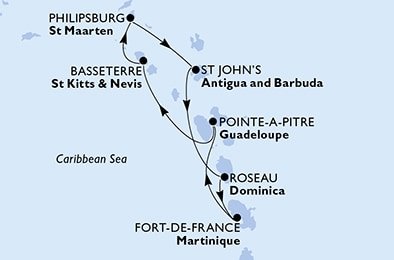 Guadeloupe, Svätý Krištof a Nevis, Svatý Martin, Antigua a Barbuda, Dominika, Martinik z Pointe-à-Pitre na lodi MSC Seaside