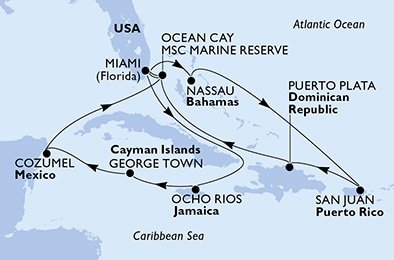 USA, Jamajka, Kajmanské ostrovy, Mexiko, Bahamy, Dominikánska republika z Miami na lodi MSC Seascape