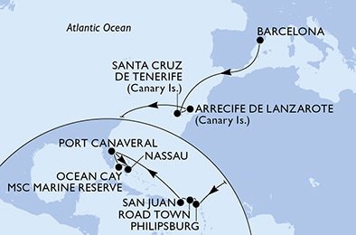 Španielsko, Svatý Martin, Britské Panenské ostrovy, USA, Bahamy z Barcelony na lodi MSC Seashore