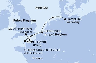 Nemecko, Belgicko, Francúzsko, Veľká Británia z Hamburgu na lodi MSC Virtuosa