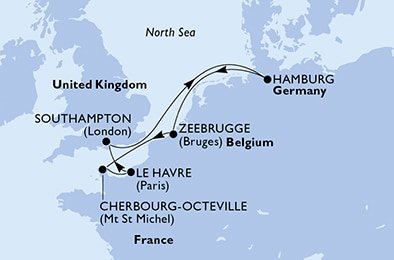 Francúzsko, Veľká Británia, Nemecko, Belgicko z Le Havre na lodi MSC Virtuosa