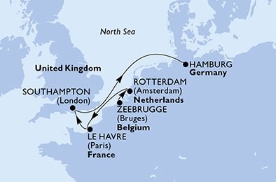 Belgicko, Holandsko, Francúzsko, Veľká Británia, Nemecko zo Zeebrugge na lodi MSC Virtuosa