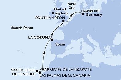 Španielsko, Veľká Británia, Nemecko z Tenerife na lodi MSC Virtuosa