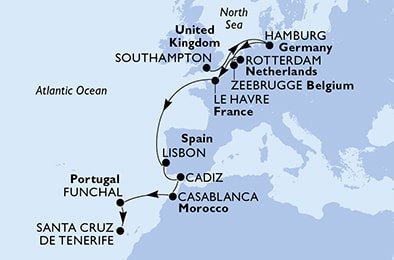 Veľká Británia, Nemecko, Belgicko, Holandsko, Francúzsko, Portugalsko, Španielsko, Maroko zo Southamptonu na lodi MSC Virtuosa