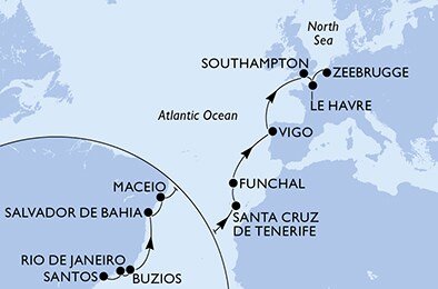 Brazília, Španielsko, Portugalsko, Veľká Británia, Francúzsko, Belgicko zo Santosu na lodi MSC Preziosa