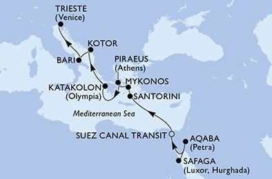 Egypt, Jordánsko, Grécko, Čierna Hora, Taliansko zo Safagy na lodi MSC Splendida