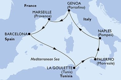 Taliansko, Francúzsko, Španielsko, Tunisko z Palerma na lodi MSC Grandiosa